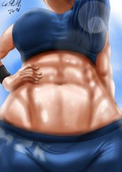Rule 34 | 1girl, abs, bad anatomy, bad hands, blue hair, breasts, captain mizuki, crop top, artistic error, female focus, from below, head out of frame, highres, large breasts, midriff, muscular, muscular female, navel, one-punch man, outdoors, short shorts, shorts, smile, solo, stomach, sweat, toned