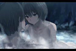 Rule 34 | 1boy, 1girl, absurdres, amagami, blush, completely nude, girl on top, hands on another&#039;s shoulders, hetero, highres, letterboxed, misaki nonaka, mixed-sex bathing, nanasaki ai, nude, onsen, school uniform, shared bathing, short hair, smile, steam, tan, tanline, wet, wet face, wet hair, zenra