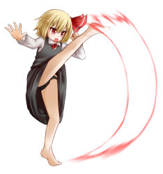 Rule 34 | 1girl, barefoot, black panties, blonde hair, child, clenched hand, d:, d:&lt;, genocide cutter, high kick, kabi killer, kicking, open mouth, panties, pantyshot, red eyes, rumia, shirt, short hair, skirt, solo, standing, touhou, trail, underwear, v-shaped eyebrows, vest