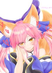 Rule 34 | 1girl, animal ear fluff, animal ears, bare shoulders, blue bow, blue kimono, bow, closed mouth, collar, commentary request, dated, detached sleeves, eyes visible through hair, fate/extra, fate (series), fox ears, fox girl, fox tail, hair bow, hand on another&#039;s hand, heart, highres, japanese clothes, kimono, light blush, long hair, long sleeves, looking at viewer, lovestruck, pink hair, pov, pov adoring, pov hands, sidelocks, smile, solo focus, sparkling eyes, split ponytail, tail, tamamo (fate), tamamo no mae (fate/extra), upper body, white background, white collar, wide sleeves, winsankemonodou, yellow eyes