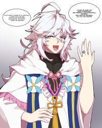 Rule 34 | 1boy, absurdres, ahoge, black shirt, fate/grand order, fate (series), frills, hand on own hip, highres, hyperbudd, jewelry, long hair, merlin (fate), pink eyes, ribbon, ring, robe, shirt, simple background, smile, speech bubble, wedding ring, white hair, white robe