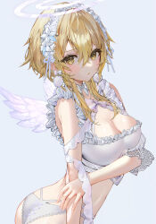 Rule 34 | 1girl, :o, alternate costume, angel wings, armpit crease, ass, bare shoulders, blonde hair, bow, bowtie, breasts, cleavage, crop top, dress, ear piercing, feathered wings, frilled dress, frills, genshin impact, hair between eyes, halo, hand on own arm, highres, lace, lace-trimmed panties, lace-trimmed sleeves, lace trim, large breasts, looking at viewer, lumine (genshin impact), maid headdress, midriff, panties, piercing, raiya atelier, short hair with long locks, sidelocks, simple background, solo, twisted torso, underwear, white bow, wings, yellow eyes