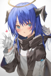 Rule 34 | 1girl, absurdres, arknights, black jacket, blue eyes, blue hair, blush, commentary request, gloves, gradient background, grey background, hair between eyes, halo, hand up, heart, highres, hood, hood down, hooded jacket, horns, jacket, long hair, mostima (arknights), open clothes, open jacket, parted lips, shirt, solo, sutei (arece15), white gloves, white shirt