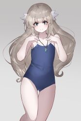 Rule 34 | 1girl, blue eyes, blue one-piece swimsuit, blush, ender lilies quietus of the knights, flat chest, grey hair, hair ornament, highres, jewelry, lily (ender lilies), long hair, looking at viewer, necklace, one-piece swimsuit, pendant, ramuya (lamb), smile, solo, swimsuit, thigh gap