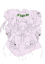 Rule 34 | 3girls, akino kaede, between legs, blunt bangs, closed eyes, cropped legs, empedoclessays, expressionless, facing viewer, greyscale, hair between eyes, hair ornament, hair scrunchie, hand between legs, hand on another&#039;s shoulder, head kiss, head wreath, high-waist skirt, high ponytail, jewelry, kamihama university affiliated school uniform, layered sleeves, long sleeves, magia record: mahou shoujo madoka magica gaiden, mahou shoujo madoka magica, minami rena, monochrome, multiple girls, neck ribbon, no nose, parted lips, ribbon, ring, sailor collar, school uniform, scrunchie, serafuku, short hair, short over long sleeves, short sleeves, sidelocks, simple background, skirt, spot color, togame momoko, two side up, wavy hair, white background