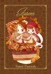 Rule 34 | 2girls, almond, apron, autumn, autumn leaves, beret, brown background, brown hair, cerika, chestnut, food, full body, ginkgo leaf, green eyes, hat, highres, leaf, licking lips, long sleeves, maple leaf, mini person, minigirl, multiple girls, original, pie, pie slice, pink shirt, plaid, plaid skirt, red hat, shirt, short hair, skirt, tongue, tongue out, waist apron