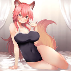Rule 34 | 1girl, animal ear fluff, animal ears, bare shoulders, black one-piece swimsuit, blush, breasts, cleavage, closed mouth, collarbone, covered navel, fate/extra, fate/grand order, fate (series), fingernails, fox ears, fox girl, fox tail, hair between eyes, highleg, highres, large breasts, long hair, looking at viewer, one-piece swimsuit, paw pose, pink hair, red eyes, sabi1234, sidelocks, smile, solo, swimsuit, tail, tamamo (fate), tamamo no mae (fate/extra), tongue, tongue out, very long hair