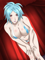 Rule 34 | 00s, 1girl, absurdres, bent over, bikini, blue hair, breasts, cleavage, covered erect nipples, dragonaut, dutch angle, female focus, hamasei, hands on own knees, highres, huge breasts, indoors, leaning forward, light blue hair, lipstick, looking at viewer, makeup, micro bikini, red eyes, short hair, solo, stripper, swimsuit, tetsukui, widow (dragonaut)