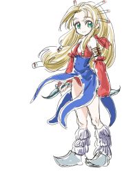 Rule 34 | 1girl, armband, blonde hair, breasts, brown hair, closed mouth, criss-cross halter, dress, hair tubes, halterneck, halterneck, imu (lom), legend of mana, long hair, looking at viewer, s-a-murai, seiken densetsu, simple background, smile, solo, source request, weapon, white background