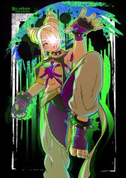 Rule 34 | 1girl, absurdres, alternate eye color, alternate hair color, blonde hair, blunt bangs, bracelet, breasts, closed mouth, collar, cone hair bun, diagonal bangs, fingerless gloves, gloves, hair bun, hair horns, hair over one eye, han juri, highres, jewelry, large breasts, light smile, multicolored hair, nail polish, pea-bean, solo, spiked anklet, spiked bracelet, spiked collar, spikes, standing, standing on one leg, streaked hair, street fighter, street fighter 6, toenail polish, toenails, toes, white hair, yellow eyes