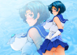 Rule 34 | ass, bishoujo senshi sailor moon, blue bow, blush, bow, breasts, cowboy shot, earrings, gloves, highres, jewelry, large breasts, leotard, looking at viewer, looking back, miniskirt, mizuno ami, nanashi noiji, pleated skirt, sailor collar, sailor mercury, short hair, skirt, smile, solo, standing, twisted torso, water, wind, zoom layer