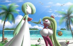 Rule 34 | 1other, 3girls, ^ ^, absurdres, arm up, arms up, artist name, ball, beach, beachball, bellossom, berry (pokemon), bird, blue sky, blunt bangs, bob cut, bounsweet, bowl cut, closed eyes, closed mouth, cloud, colored skin, creatures (company), day, facing another, flat chest, flower, from side, full body, game freak, gardevoir, gen 2 pokemon, gen 3 pokemon, gen 7 pokemon, grass, grass skirt, green hair, green skin, green skirt, hair over eyes, hand up, happy, high five, highres, horizon, island, light rays, long hair, monster girl, multicolored skin, multiple girls, nintendo, ocean, open mouth, outdoors, outstretched arm, palm tree, plant girl, pokemon, pokemon (creature), profile, purple skin, ralts, red flower, sand, short hair, skirt, sky, smile, standing, sunlight, tree, tsareena, two-tone skin, very long hair, void (starvoid7), water, watermark, watmel berry, white skin, wingull