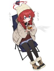 Rule 34 | 1girl, absurdres, beanie, blue archive, blue eyes, blue shorts, blush, boots, bowl, braid, brown coat, brown footwear, chair, chopsticks, coat, commentary, food, halo, hat, highres, holding, holding bowl, holding chopsticks, long hair, makarony, maki (blue archive), maki (camp) (blue archive), official alternate costume, on chair, pantyhose, red hair, red halo, red sweater, shirt, shorts, simple background, sitting, solo, steam, sweater, twin braids, white background, white hat, white shirt