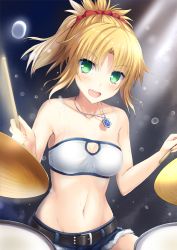 Rule 34 | 1girl, :d, bandeau, bare arms, bare shoulders, belt, belt buckle, blonde hair, blush, breasts, buckle, cleavage, cleavage cutout, clothing cutout, collarbone, cowboy shot, cutoffs, denim, denim shorts, drum, drum set, drumsticks, fang, fate/grand order, fate (series), green eyes, groin, holding, instrument, jewelry, light beam, long hair, medium breasts, mordred (fate), mordred (fate/apocrypha), mordred (memories at trifas) (fate), motion blur, navel, necklace, open mouth, parted bangs, pendant, ponytail, short shorts, shorts, sidelocks, sitting, smile, solo, stomach, sweat, taiki ken