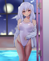 Rule 34 | 1girl, absurdres, blue eyes, breasts, cloud, cloudy sky, competition swimsuit, door, highres, kantai collection, kashima (kancolle), large breasts, long sleeves, moon, night, night sky, one-piece swimsuit, pool, sarfata, silver hair, sky, solo, swimsuit, twintails, water, wet, wet clothes, wet swimsuit, white one-piece swimsuit, window