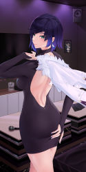 Rule 34 | 1girl, absurdres, aqua eyes, ass, backless dress, backless outfit, barbara (genshin impact), black dress, blue hair, blue nails, dress, earrings, flower, fur-trimmed jacket, fur trim, genshin impact, hand on own ass, highres, holding, holding clothes, holding jacket, ilmm, jacket, jacket over shoulder, unworn jacket, jewelry, looking at viewer, looking back, medium hair, menu, microphone, nail polish, speaker, standing, wall, water, white jacket, yelan (genshin impact)