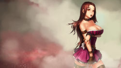 Rule 34 | 1girl, bare shoulders, belt, breast hold, breast lift, breasts, brown hair, bullet, bullet in mouth, caitlyn (league of legends), cleavage, cuffs, fingerless gloves, forehead, fuzzy handcuffs, gloves, handcuffs, highres, instant ip, large breasts, league of legends, long hair, mouth hold, no headwear, no headwear, red eyes, single glove, skirt, solo