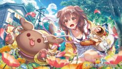Rule 34 | 1girl, animal ears, bag, baguette, bone hair ornament, braid, bread, brown eyes, brown hair, cloud, day, dog, dog ears, dog tail, dress, fangs, flower, food, hair between eyes, hair ornament, hikosan, hololive, inugami korone, inugami korone (1st costume), inugami korone (dog), jacket, listener (inugami korone), looking at another, official art, open clothes, open jacket, open mouth, outdoors, red flower, solo, squatting, tail, tree, twin braids, virtual youtuber, white dress, yellow jacket