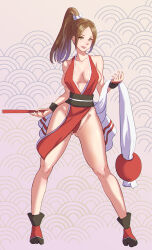 Rule 34 | 1girl, absurdres, bare shoulders, breasts, brown eyes, brown hair, cleavage, closed mouth, commentary request, fatal fury, folding fan, full body, hand fan, high ponytail, highres, japanese clothes, large breasts, long hair, looking at viewer, ninja, omaehasaigoni, pelvic curtain, ponytail, revealing clothes, rope, shiranui mai, solo, the king of fighters, thighs