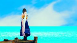 Rule 34 | 1girl, 3d, arms behind back, black shirt, blue skirt, boots, bracelet, breasts, brown hair, cloud, cloudy sky, detached sleeves, dock, facing away, final fantasy, final fantasy x, full body, highres, jewelry, medium breasts, medium hair, necklace, ocean, shirt, skirt, sky, solo, square enix, white shirt, yuna (ff10)