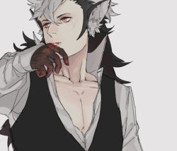 Rule 34 | 1boy, animal ears, bad id, bad pixiv id, black hair, fire emblem, fire emblem fates, gloves, grey background, keaton (fire emblem), long hair, pectoral cleavage, male focus, multicolored hair, nintendo, pectorals, red eyes, scar, simple background, solo, tongue, tongue out, two-tone hair, white hair, wolf ears