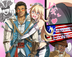 Rule 34 | ..., 10s, 1girl, 3boys, :d, achiles davenport, achilles davenport, assassin&#039;s creed (series), blonde hair, blush, brown hair, character name, commentary request, connor kenway, crossover, detached sleeves, haytham kenway, headgear, heytham kenway, highres, hug, hug from behind, iowa (kancolle), jewelry, kantai collection, long hair, multiple boys, necklace, open mouth, pitcairn meusel, silver hair, sketch, smile, star-shaped pupils, star (symbol), sweat, symbol-shaped pupils, tan, translation request