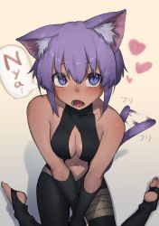 Rule 34 | 1girl, absurdres, animal ear fluff, animal ears, bare shoulders, between legs, black gloves, blush, breasts, cat ears, cat girl, cat tail, cleavage, cleavage cutout, clothing cutout, collarbone, commentary, dark-skinned female, dark skin, fangs, fate/grand order, fate (series), from above, gloves, hair between eyes, hand between legs, hassan of serenity (fate), heart, hekonda kan, highres, looking at viewer, medium breasts, navel, open mouth, purple eyes, purple hair, short hair, sidelocks, sitting, slit pupils, solo, stirrup legwear, stomach, tail, toeless legwear, wariza