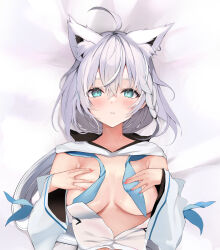 Rule 34 | 1girl, absurdres, ahoge, animal ears, bed sheet, black ribbon, blue eyes, blush, braid, breasts, convenient censoring, covering privates, covering breasts, deep skin, detached sleeves, double-parted bangs, ear piercing, earrings, extra ears, fox ears, grey hair, hair between eyes, hair ribbon, hands on own chest, highres, hololive, hood, hooded vest, hoodie, jewelry, long hair, looking at viewer, low ponytail, lying, medium breasts, niku (hamuchang), no bra, on back, open clothes, open shirt, paid reward available, parted lips, piercing, ribbon, shirakami fubuki, shirakami fubuki (1st costume), side braid, single earring, solo, upper body, vest, virtual youtuber, white vest