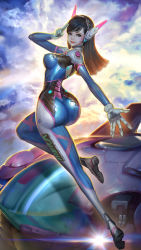 Rule 34 | 1girl, absurdres, acronym, arm at side, arm behind back, armor, artist name, ass, back, blue bodysuit, bodysuit, boots, bracer, breasts, brown hair, clothes writing, cloud, cloudy sky, covered erect nipples, covered navel, d.va (overwatch), day, eyelashes, facepaint, facial mark, from behind, full body, gloves, grey eyes, hand to head, hand up, headphones, highres, leg up, long hair, looking at viewer, looking back, mecha, medium breasts, meka (overwatch), midair, narrow waist, outdoors, overwatch, overwatch 1, pauldrons, pilot suit, ribbed bodysuit, robot, salute, shiny clothes, shoulder armor, shoulder pads, skin tight, sky, smile, solo, sonacia, spread fingers, swept bangs, thigh boots, thigh strap, thighhighs, turtleneck, two-finger salute, whisker markings, white footwear, white gloves