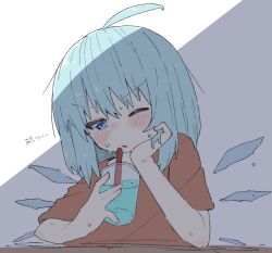 Rule 34 | 1girl, :d, blue eyes, blue hair, blush, cirno, cup, drinking, flat chest, hair between eyes, highres, holding, holding cup, ice, ice wings, kae karee, light blue hair, one eye closed, open mouth, orange shirt, shirt, short hair, simple background, smile, solo, sweat, touhou, upper body, v-shaped eyebrows, white background, wings