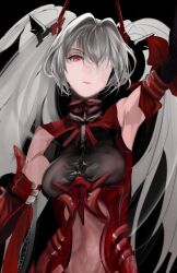 Rule 34 | 1girl, black background, black bodysuit, bodysuit, breasts, cross-shaped pupils, detached sleeves, grey hair, hair intakes, hair over one eye, headgear, impossible bodysuit, impossible clothes, long hair, luna (punishing: gray raven), medium breasts, parted lips, punishing: gray raven, red eyes, red sleeves, sidelocks, solo, symbol-shaped pupils, tony 028, twintails, very long hair
