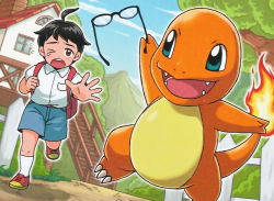 Rule 34 | 1boy, :d, black hair, blue eyes, blue sky, brown eyes, charmander, charmander trainer (pokekyun), claws, cloud, cloudy sky, creature, creatures (company), unworn eyewear, fangs, fence, fiery tail, fire, fire, flame-tipped tail, game freak, gen 1 pokemon, glasses, grass, holding, holding removed eyewear, house, komayama akira, looking at another, male focus, mountain, nintendo, official art, one eye closed, open mouth, pokemon, pokemon (creature), pokemon tcg, running, sky, smile, stairs, tail, tears, third-party source, window