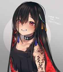 Rule 34 | 1girl, arm tattoo, black choker, black hair, blush, choker, collarbone, colored inner hair, crop top, english text, henna, highres, looking up, multicolored hair, nijisanji, nijisanji in, noor (nijisanji), noto hams, red eyes, red hair, smile, solo, tattoo, upper body, virtual youtuber