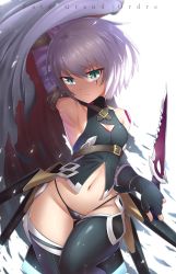 Rule 34 | 1girl, armpits, bandages, black panties, black thighhighs, breasts, bu li, cleavage cutout, clothing cutout, fate/apocrypha, fate/grand order, fate (series), gloves, green eyes, jack the ripper (fate/apocrypha), looking at viewer, navel, panties, reverse grip, scar, short hair, small breasts, solo, stitches, thighhighs, typo, underwear, weapon, white hair