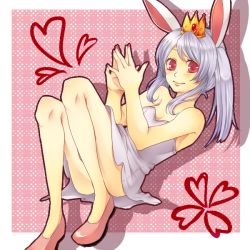 Rule 34 | 1girl, ac japan, aisatsu no mahou, amase (siki696), animal ears, arigato usagi, crown, dress, face, lips, lying, own hands together, personification, rabbit ears, red eyes, silver hair, smile, solo