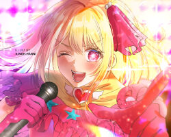 Rule 34 | 1girl, ;d, artist name, blonde hair, blush, brooch, commentary, cosplay, dress, english commentary, floating hair, frilled dress, frills, gloves, hair ribbon, hanni (junghanni), heart, heart brooch, highres, holding, holding microphone, hoshino ai (oshi no ko), hoshino ai (oshi no ko) (cosplay), hoshino ruby, idol, idol clothes, jewelry, lens flare, light particles, long hair, looking at viewer, microphone, one eye closed, one side up, open mouth, oshi no ko, pink dress, pink eyes, pink gloves, pink ribbon, pointing, pointing at viewer, ribbon, shadow, short sleeves, sidelocks, smile, solo, sparkle, star-shaped pupils, star (symbol), symbol-shaped pupils, teeth, upper body