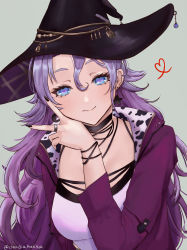 Rule 34 | 1girl, absurdres, animal print, black nails, blue eyes, bracelet, choker, claudia katsumoto (artist), coat, cow print, earrings, gradient background, hand up, hat, highres, jewelry, lock, long hair, looking at viewer, nail polish, phase connect, purple coat, purple hair, ring, shisui michiru (phase connect), solo, star (symbol), star earrings, upper body, v, virtual youtuber, witch hat