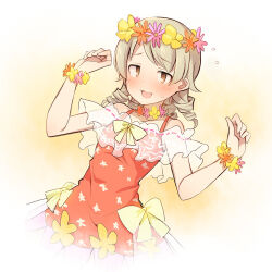 Rule 34 | 1girl, :3, @ @, aiba yumi, aiba yumi (cosplay), blush, bow, bowtie, breasts, brown eyes, collarbone, commentary request, cosplay, dress, drill hair, floral print, flower, flower necklace, flying sweatdrops, hands up, head wreath, idolmaster, idolmaster cinderella girls, jewelry, light brown hair, looking at viewer, medium hair, morikubo nono, necklace, open mouth, orange background, orange dress, print dress, see-through, sidelocks, small breasts, smile, solo, uccow, upper body, wrist flower, yellow bow, yellow bowtie