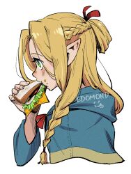 Rule 34 | 1girl, blonde hair, blue robe, braid, bright pupils, commentary, dungeon meshi, edomon-do, elf, food, food in mouth, food on face, french braid, from side, green eyes, hair ribbon, highres, holding, holding food, long hair, marcille donato, pointy ears, profile, red ribbon, ribbon, robe, sandwich, simple background, solo, twin braids, upper body, white background, white pupils