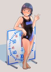 Rule 34 | 1girl, absurdres, anchor symbol, arare (kancolle), bad id, bad pixiv id, barefoot, black hair, black one-piece swimsuit, brown eyes, clock, commentary request, full body, grey background, hieda (hiedanoaqn), highres, kantai collection, looking at viewer, name tag, one-piece swimsuit, school uniform, short hair, simple background, solo, standing, swimsuit, tongue, tongue out, v