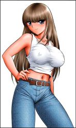 Rule 34 | 1girl, belt, blue eyes, breasts, brown hair, covered erect nipples, denim, hand on own hip, hip focus, jeans, large breasts, long hair, looking at viewer, midriff, original, pants, shingyouji tatsuya, simple background, smile, solo, tank top, white background