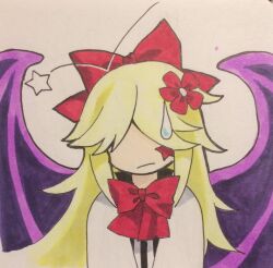 Rule 34 | 1girl, blonde hair, closed mouth, commentary request, elis (touhou), facial mark, flower, hair flower, hair ornament, hair ribbon, kaigen 1025, long hair, long sleeves, neck ribbon, no eyes, no nose, purple wings, red flower, red ribbon, ribbon, shirt, simple background, solo, star (symbol), star facial mark, sweatdrop, touhou, touhou (pc-98), traditional media, white background, white shirt, wings