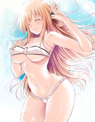 Rule 34 | 1girl, andrew (duel angel), armpits, arms up, bikini, blonde hair, blue sky, breasts, closed eyes, closed mouth, covered erect nipples, duel monster, green eyes, hair ornament, highres, long hair, navel, sky, sky striker ace - raye, smile, swimsuit, thighs, yu-gi-oh!
