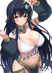 Rule 34 | 1girl, absurdres, arabian clothes, armlet, azuma (azur lane), azur lane, black hair, breasts, cleavage, dancer, detached sleeves, floppy ears, gold choker, gold trim, green eyes, hair ears, hands up, harem outfit, highres, large breasts, long hair, long sleeves, midriff, navel, puffy long sleeves, puffy sleeves, soul (dp11), white background