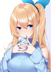 Rule 34 | 1girl, bare shoulders, blonde hair, blue bow, blue eyes, blue nails, blue sweater, blunt bangs, bow, breasts, closed mouth, earrings, hair ornament, hair ribbon, hands up, highres, hime cut, jewelry, long hair, looking at viewer, medium breasts, mirai akari, mirai akari project, nail polish, ribbed sweater, ribbon, side ponytail, sleeveless, smile, solo, sweater, upper body, virtual youtuber, yukichi (sukiyaki39)