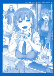 Rule 34 | 1boy, 1girl, :d, ;d, absurdres, ai-chan (tawawa), animal slippers, apron, bag, bed, blanket, blue theme, blush, braid, breasts, bunny slippers, clock, comic, coughing, doorway, dress shirt, egg, feeding, getsuyoubi no tawawa, groceries, grocery bag, highres, himura kiseki, incoming food, large breasts, long sleeves, looking at viewer, mask, mask pull, monochrome, mouth mask, necktie, one eye closed, open collar, open mouth, pantyhose, plastic bag, pleated skirt, pov feeding, scan, school bag, school uniform, serafuku, shirt, shopping bag, short hair, side braid, silent comic, skirt, slippers, smile, spoon, spring onion, surgical mask, thigh gap, white shirt