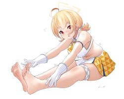 Rule 34 | bare arms, bare back, bare shoulders, barefoot, blonde hair, blue archive, cheerleader, feet, floating headgear, gloves, halo, headgear, highres, j.c.14, kotori (blue archive), navel, red eyes, short hair, short twintails, skirt, sports bra, triangle halo, twintails, two-tone sports bra, white gloves, white skirt, yellow halo