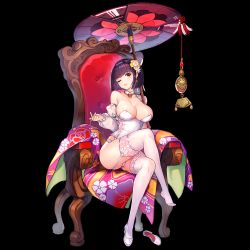 Rule 34 | 1girl, absurdres, areola slip, breasts, choker, cleavage, corset, crossed legs, daika (last origin), detached sleeves, feet, flower, full body, game cg, garter straps, hair flower, hair ornament, highres, large breasts, last origin, legs, lingerie, looking at viewer, mole, mole under eye, official art, one eye closed, paintale, parasol, purple hair, unworn shoe, shoes, unworn shoes, short hair, single shoe, sitting, solo, tachi-e, thighhighs, transparent background, umbrella, underwear, undressing, white thighhighs, yellow eyes