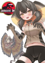 Rule 34 | 1girl, animal print, bar censor, bike shorts, blush, brown hair, censored, claw pose, commentary request, copyright name, cowboy shot, crossover, crotch seam, dilophosaurus, dinosaur, elbow gloves, frilled lizard (kemono friends), gloves, hair between eyes, hands up, highres, jurassic park, kemono friends, long hair, looking at viewer, midriff peek, miyuma, mosaic censoring, navel, neck ribbon, open mouth, parted bangs, print gloves, print shirt, ribbon, shirt, shorts, simple background, skindentation, sleeveless, sleeveless shirt, smile, stomach, thighhighs, trait connection, twintails, v-shaped eyebrows, white background, yellow eyes, zipper