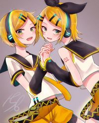 Rule 34 | 156 hitogoro, 1boy, 1girl, androgynous, arm tattoo, bare shoulders, blonde hair, blouse, bow, brother and sister, detached sleeves, green eyes, hair bow, hair ornament, hairclip, headphones, headset, highres, holding hands, interlocked fingers, kagamine len, kagamine len (if), kagamine rin, kagamine rin (if), leg warmers, looking at viewer, midriff, midriff peek, nail polish, necktie, neon trim, number tattoo, sailor collar, shirt, short sleeves, shorts, shoulder tattoo, siblings, sleeveless, sleeveless shirt, swept bangs, tattoo, twins, vocaloid, white shirt, yellow shorts